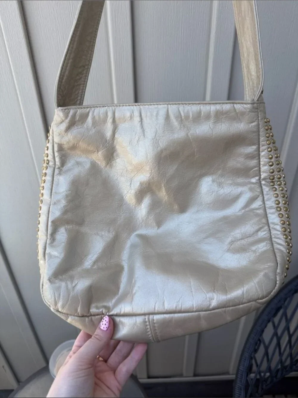 PINKY Genuine Leather Studded Metallic Cream Shoulder / Crossbody Bag